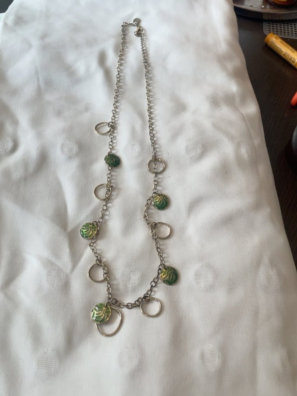 Green Enamel Leaf Disc Open Ring Necklace | Gold Tone Botanical Statement